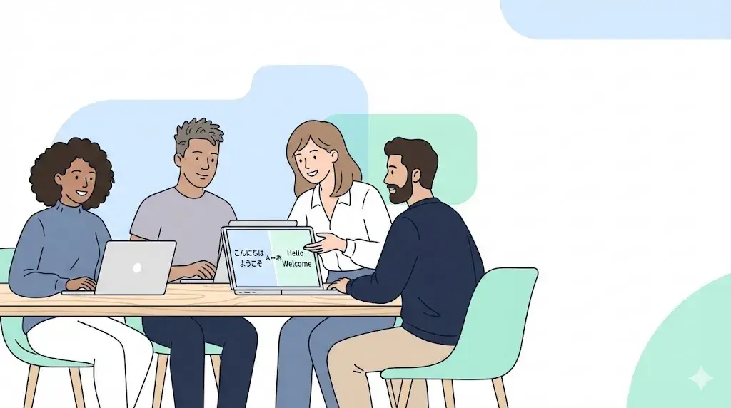 A diverse group of translators sitting at a table, working on laptops and discussing Japanese and English text together.